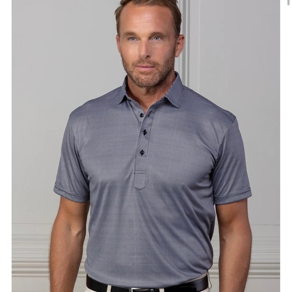 Collars & Co Men XL Dress Collar Polo Black White Houndstooth Short Sleeve NEW